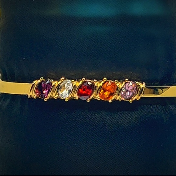 Hinged Oval Bangle w/Faceted Faux Colored Glass Stones - Picture 3 of 7